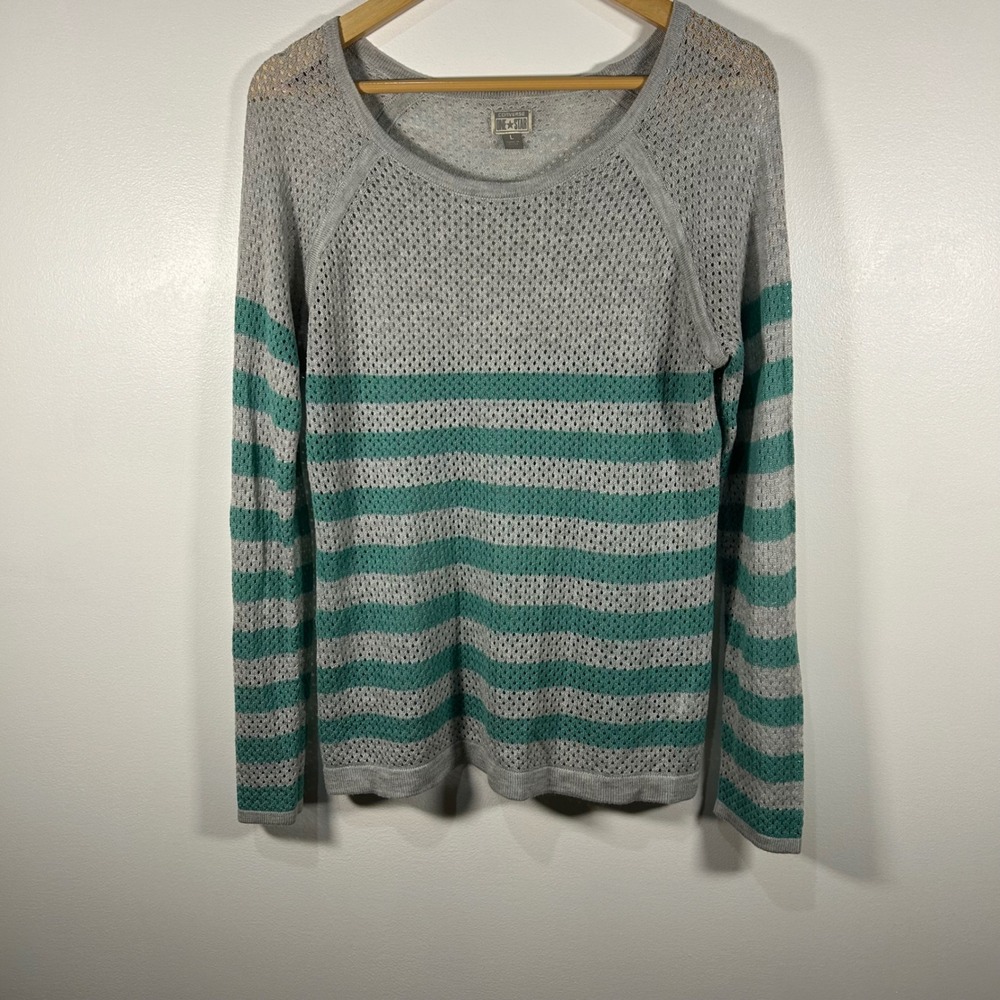 Converse One Star Womens Large Gray Teal Stripe Lightweight Mesh Knit Sweater